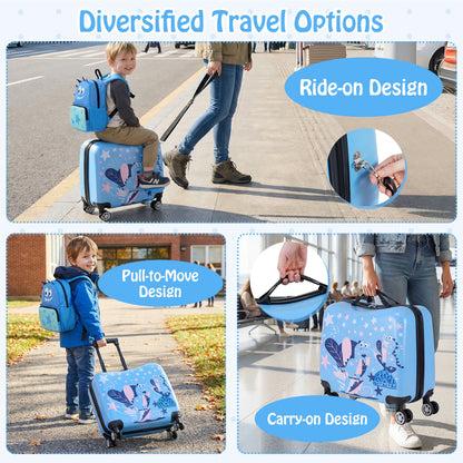 Ensemble valise à roulettes et sac à dos pour enfants, voyage, bleu