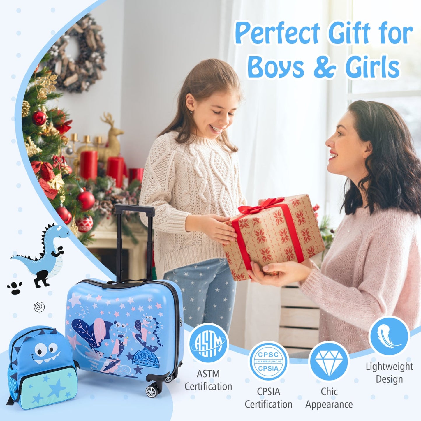 Ensemble valise à roulettes et sac à dos pour enfants, voyage, bleu