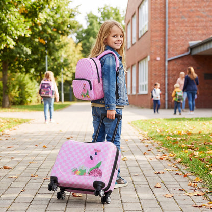 Ensemble valise à roulettes et sac à dos pour enfants, rose/blanc
