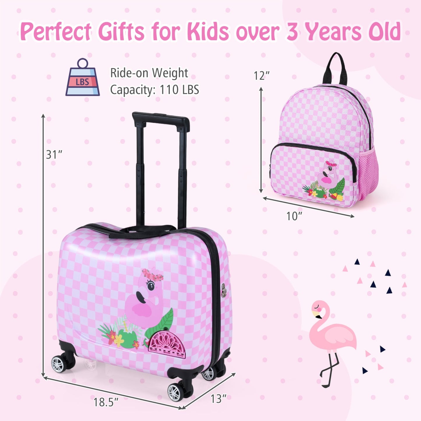 Ensemble valise à roulettes et sac à dos pour enfants, rose/blanc