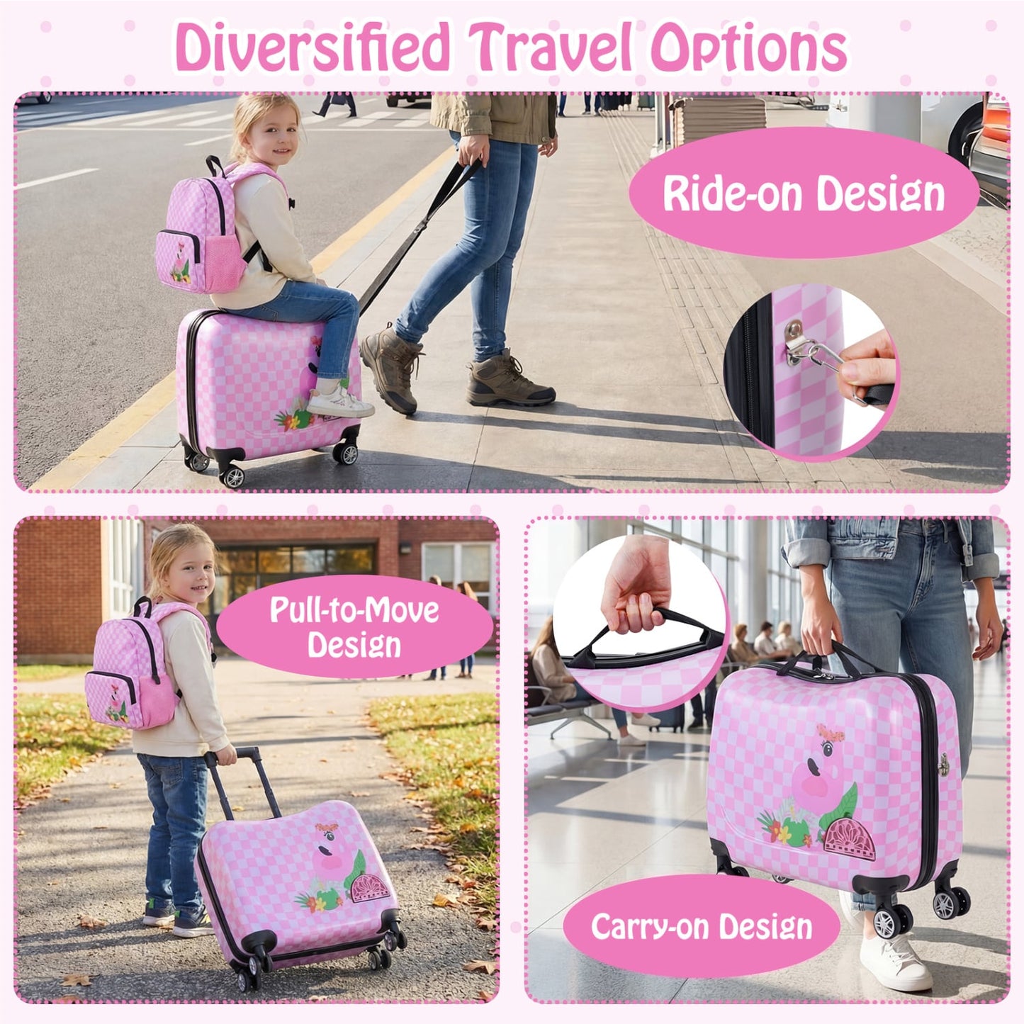 Ensemble valise à roulettes et sac à dos pour enfants, rose/blanc