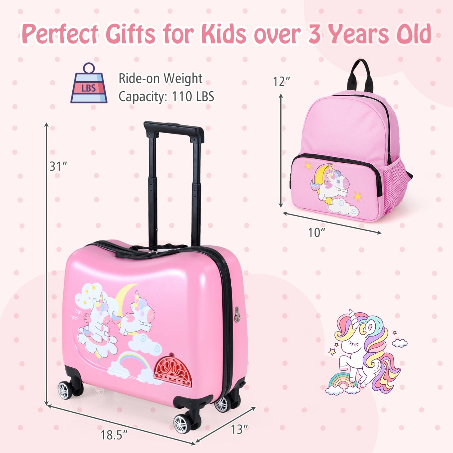 Kids Ride-on Suitcase & Backpack Set, Pink