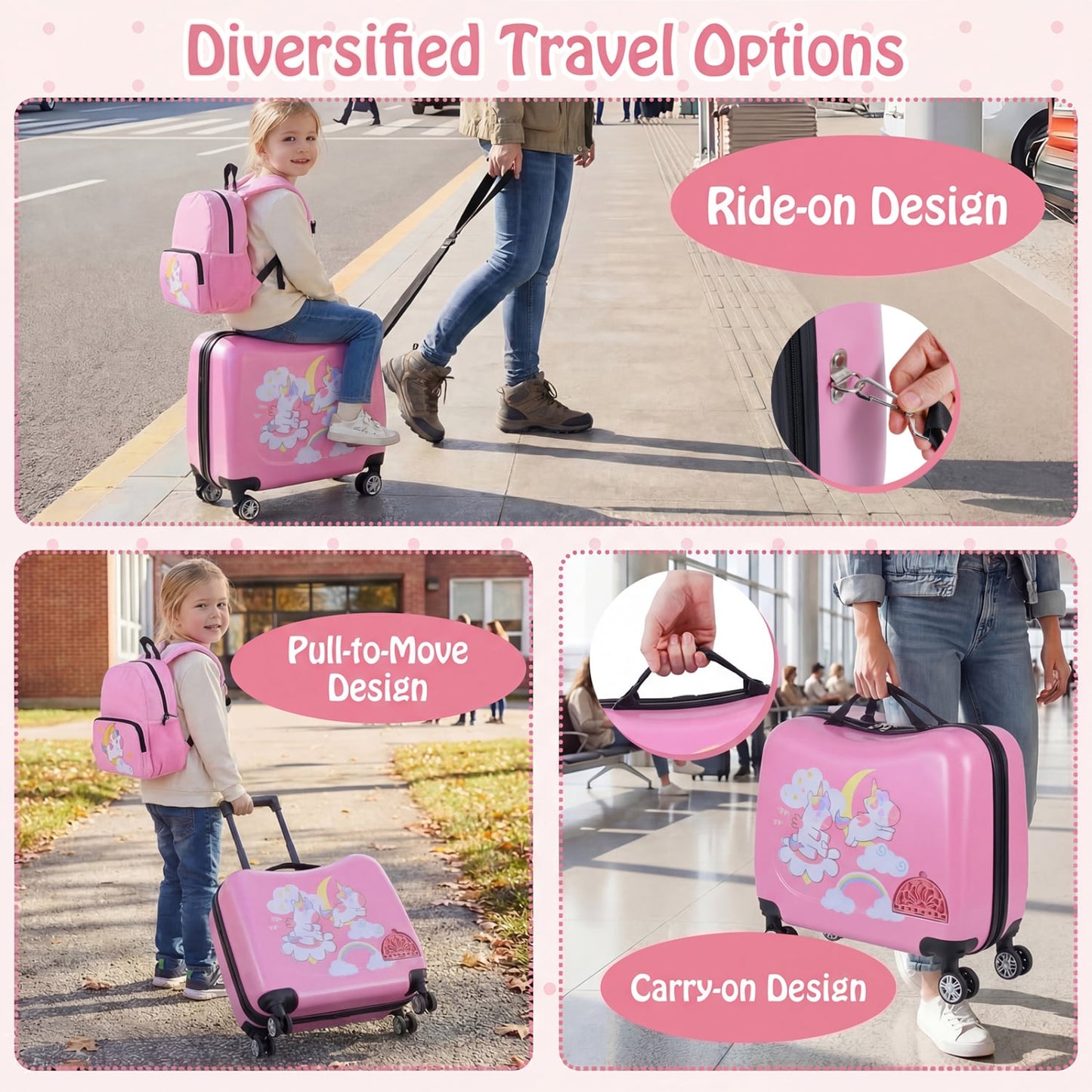 Kids Ride-on Suitcase & Backpack Set, Pink