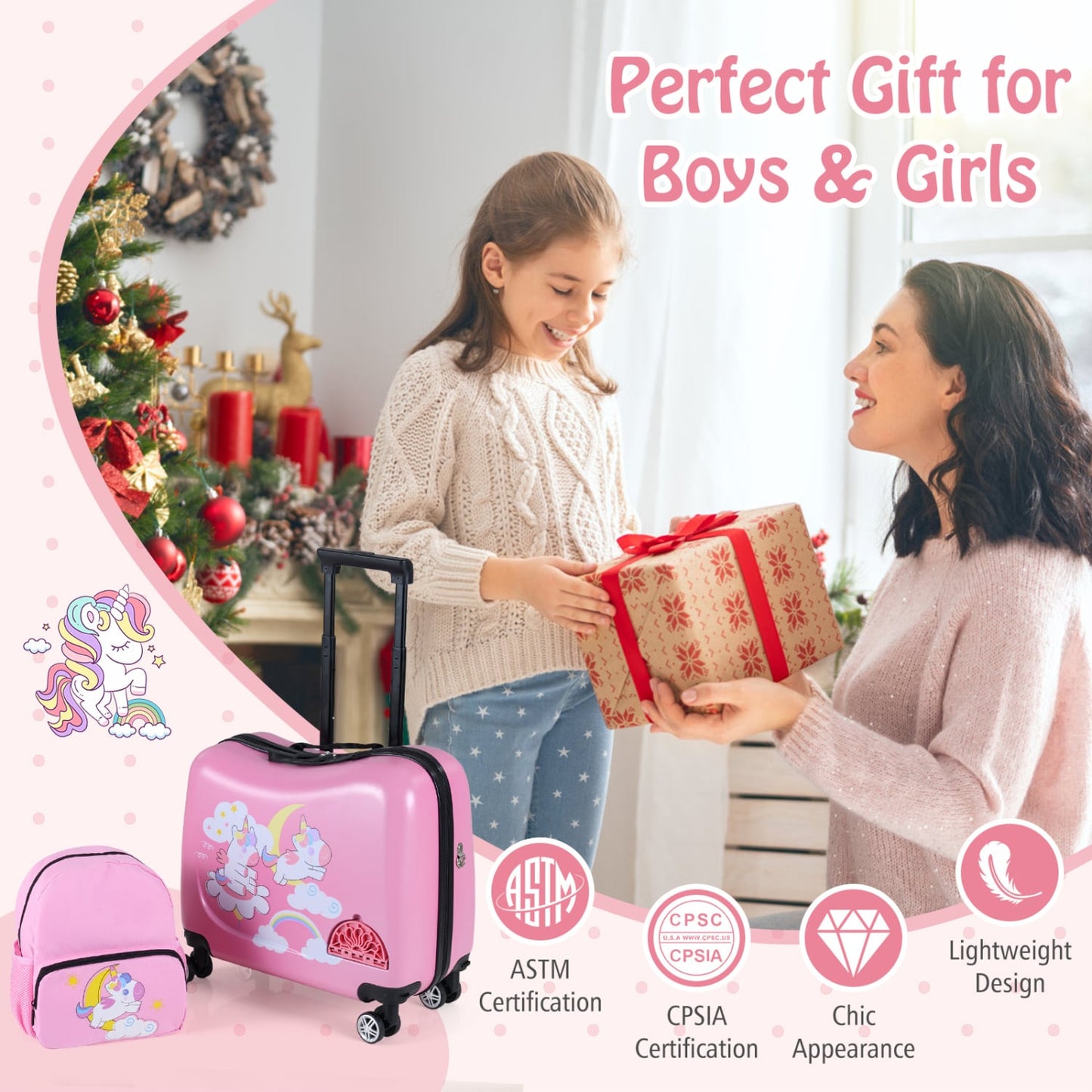 Kids Ride-on Suitcase & Backpack Set, Pink