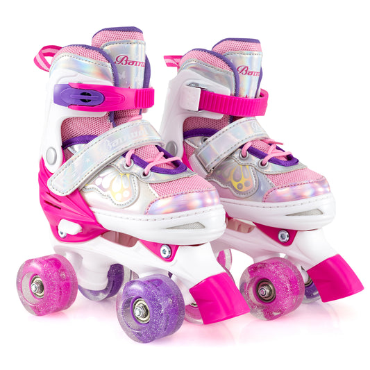 Kids Roller Skates 4 Sizes Adjustable Quad Skates with Light-up Wheels and Safety Protection, Rose Red Toy Sports Rose Red at Gallery Canada