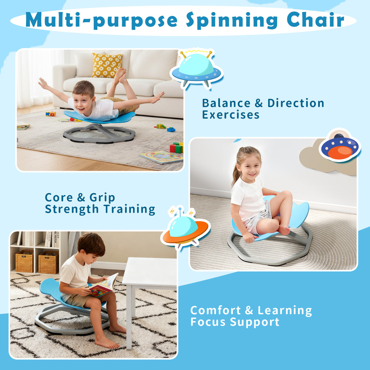 Kids Sensory Swivel Chair Elephant 360° Spinning Chair with Non-Slip Metal Base, Light Blue Kids Chairs & Seating at Gallery Canada
