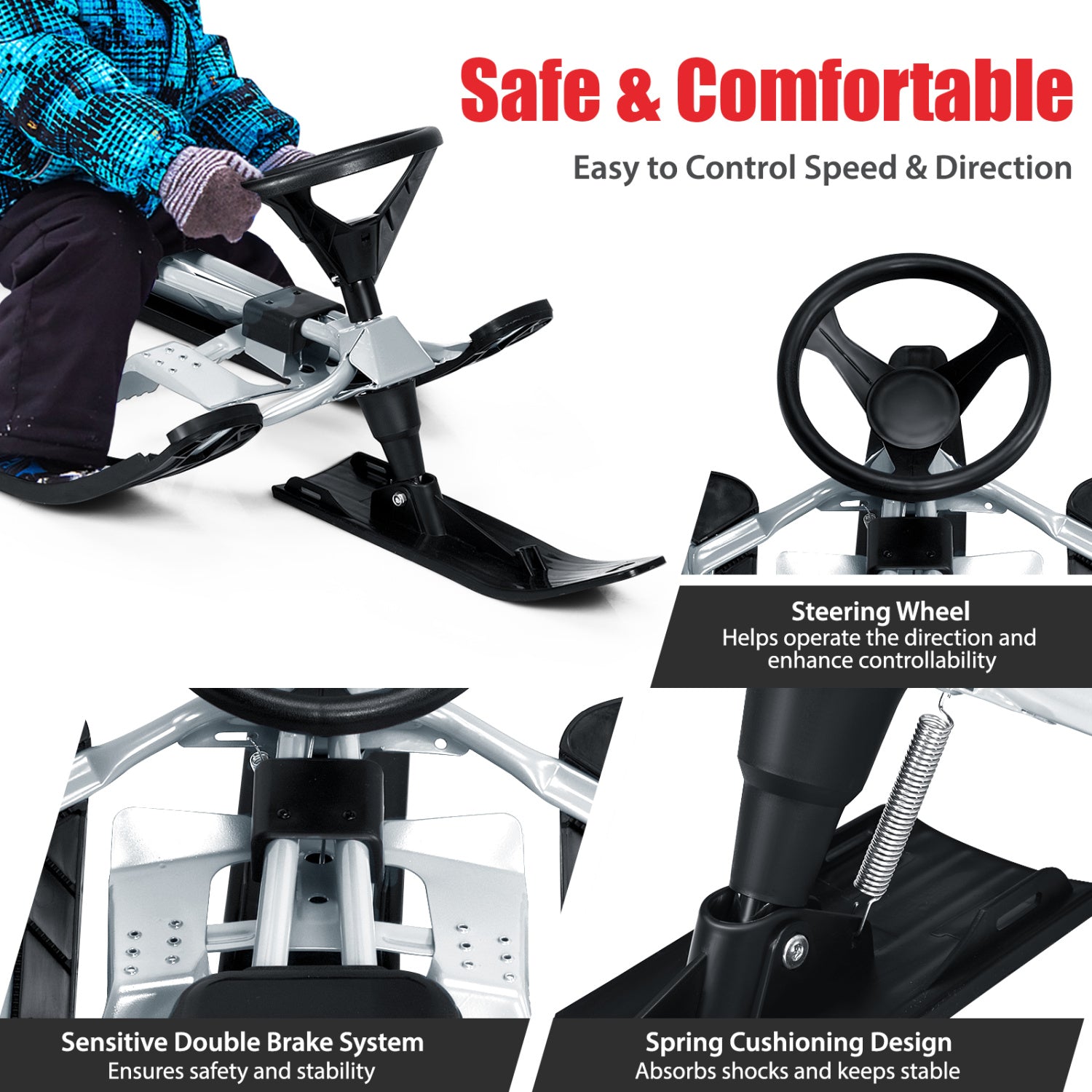 Kids Snow Sled With Steering Wheel, Double Brakes, Pull Rope, Black Winter Sports & Activities at Gallery Canada