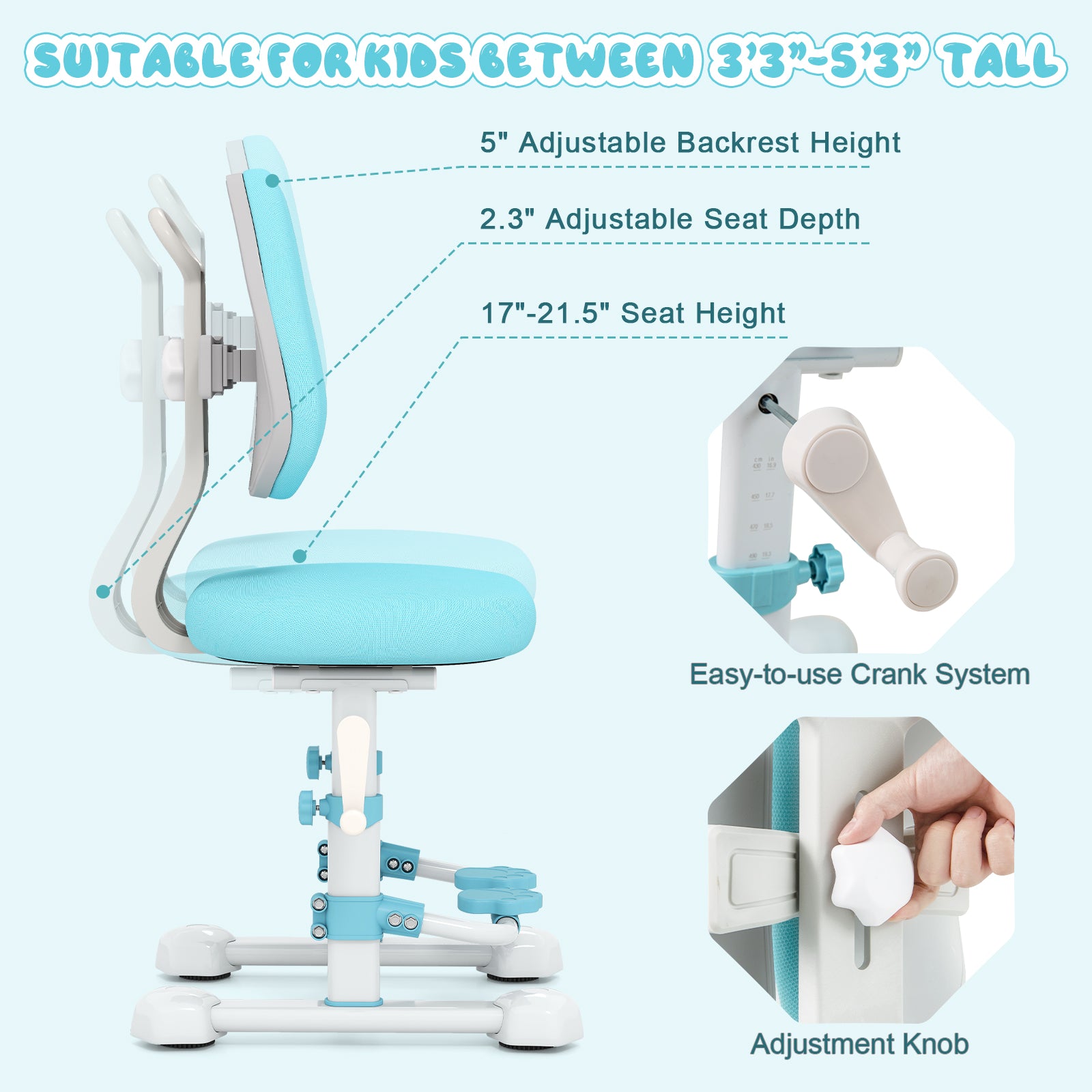 Kids Study Chair, Adjustable Double Backrest, Footrest, Blue Kids Chairs & Seating at Gallery Canada