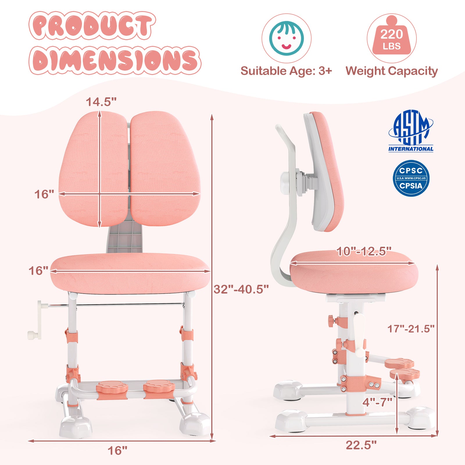 Kids Study Chair, Adjustable Double Backrest, Footrest, Pink Kids Chairs & Seating at Gallery Canada