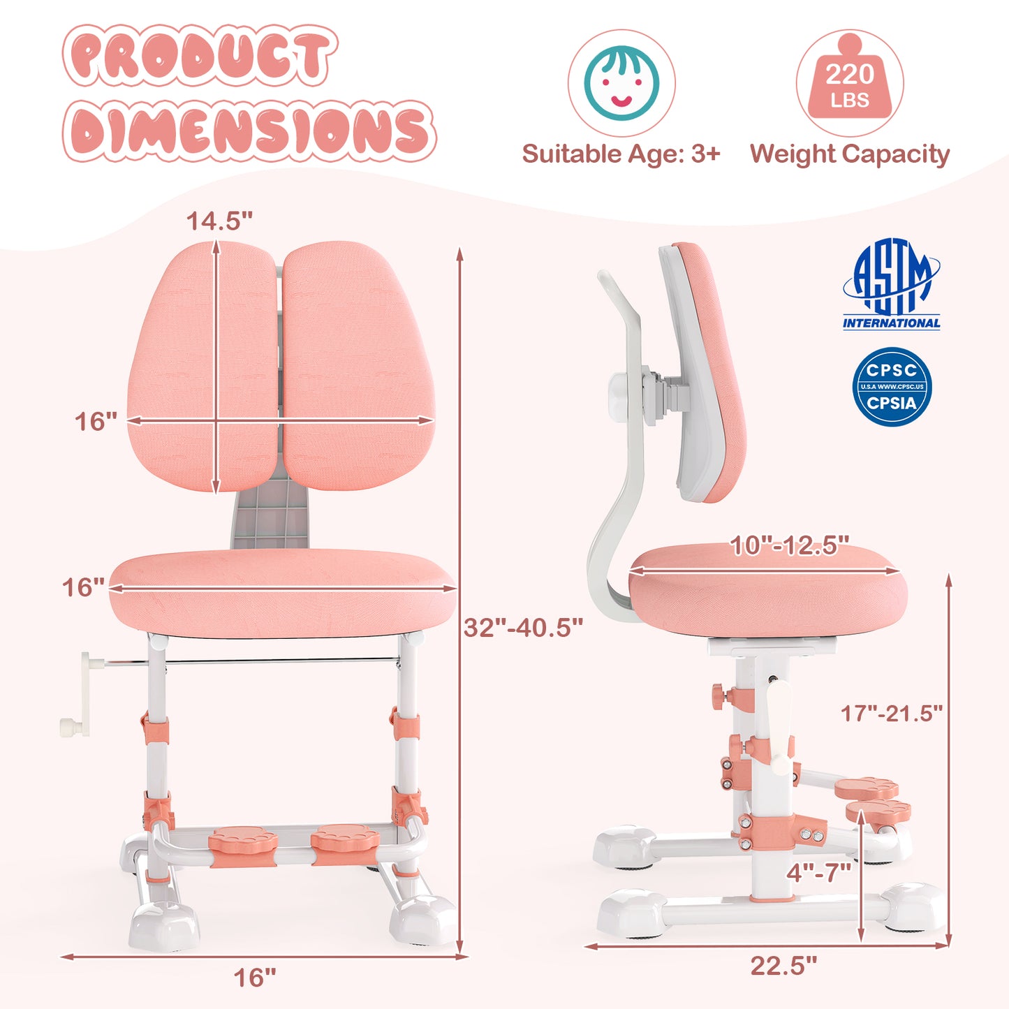 Kids Study Chair, Adjustable Double Backrest, Footrest, Pink Kids Chairs & Seating at Gallery Canada