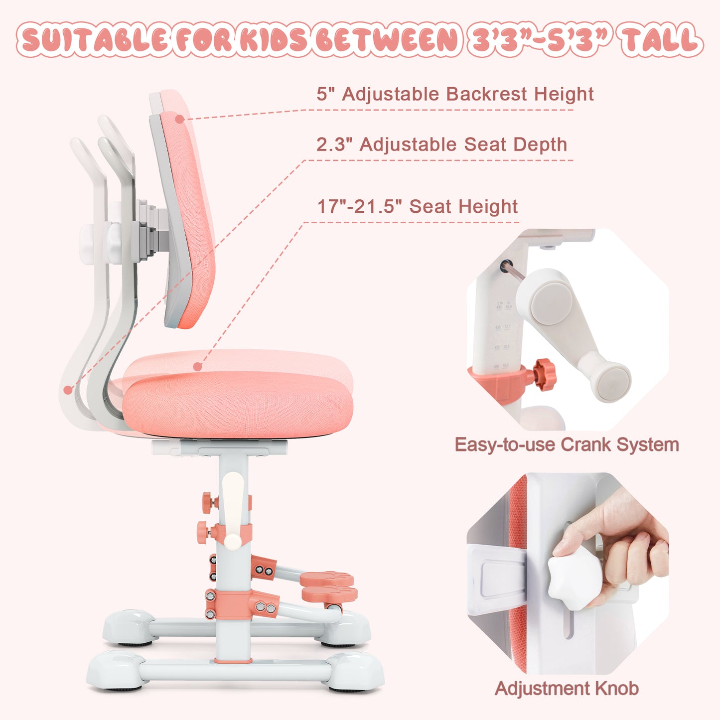 Kids Study Chair, Adjustable Double Backrest, Footrest, Pink Kids Chairs & Seating at Gallery Canada