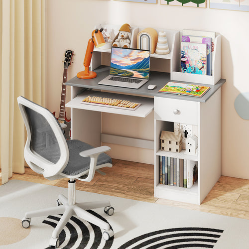 Kids Study Desk Children Writing Table with Hutch Drawer Shelves and Keyboard Tray, Light Gray
