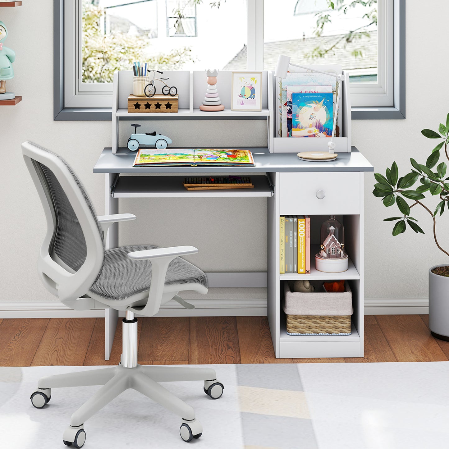 Kids Study Desk Children Writing Table with Hutch Drawer Shelves and Keyboard Tray, Light Gray Kids Table & Chair Sets at Gallery Canada