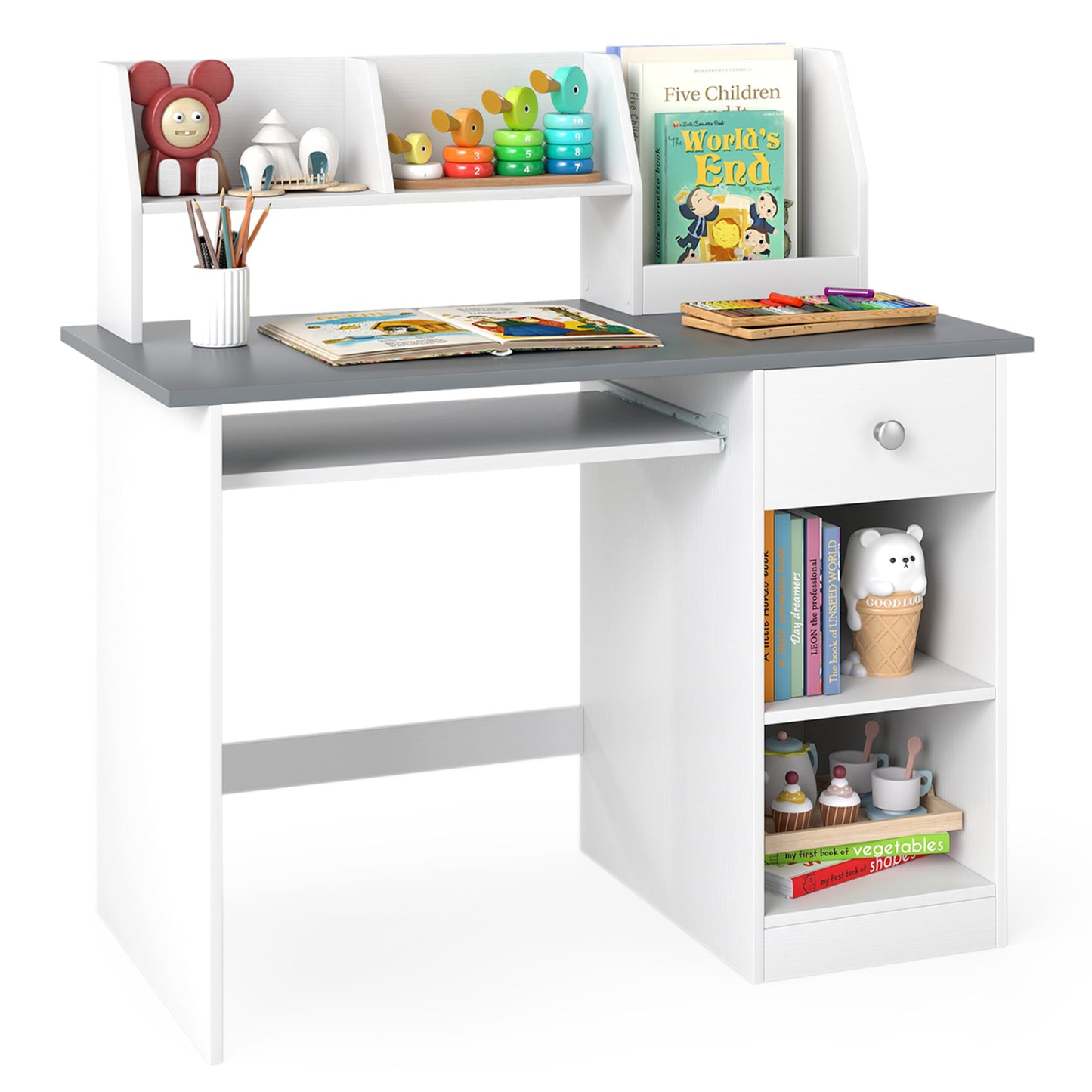 Kids Study Desk Children Writing Table with Hutch Drawer Shelves and Keyboard Tray, Light Gray Kids Table & Chair Sets at Gallery Canada
