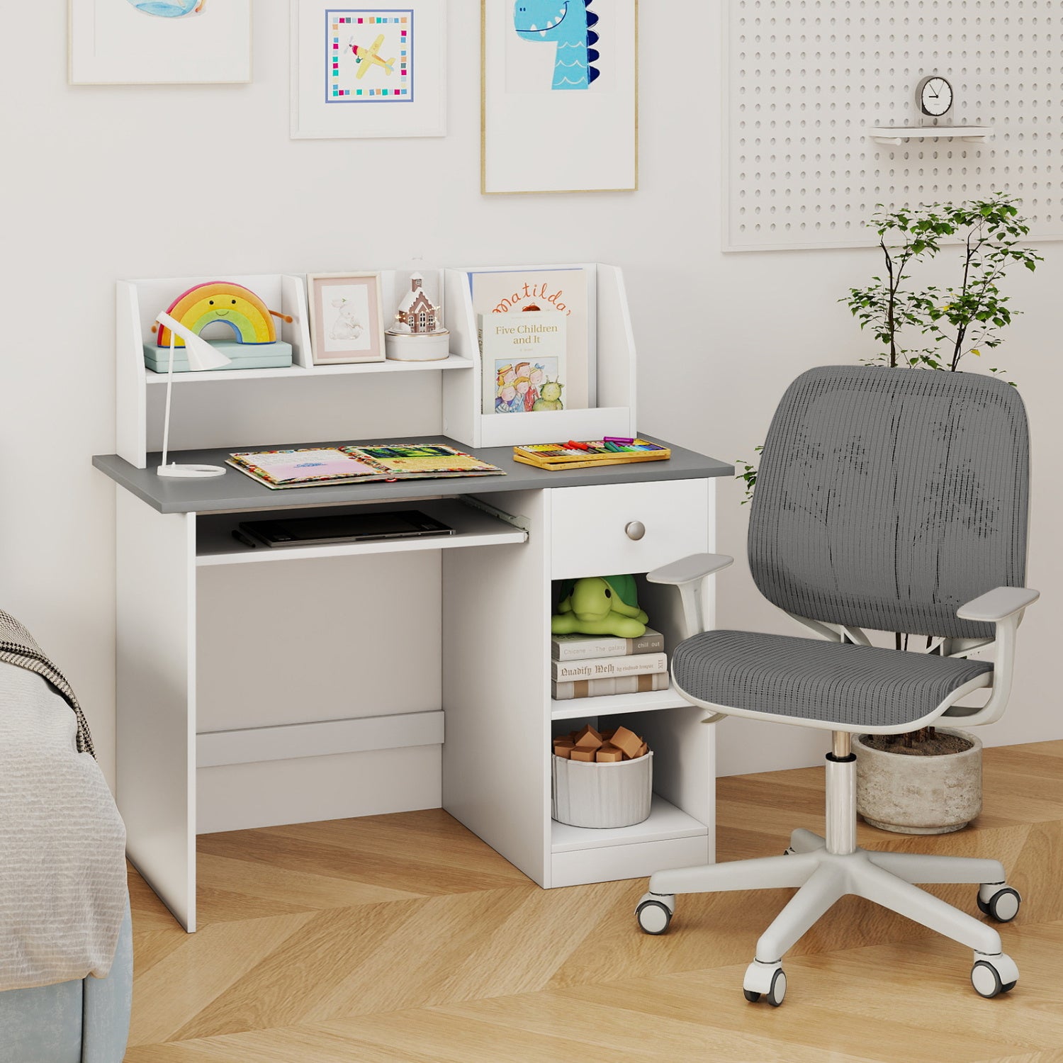 Kids Study Desk Children Writing Table with Hutch Drawer Shelves and Keyboard Tray, Light Gray Kids Table & Chair Sets at Gallery Canada