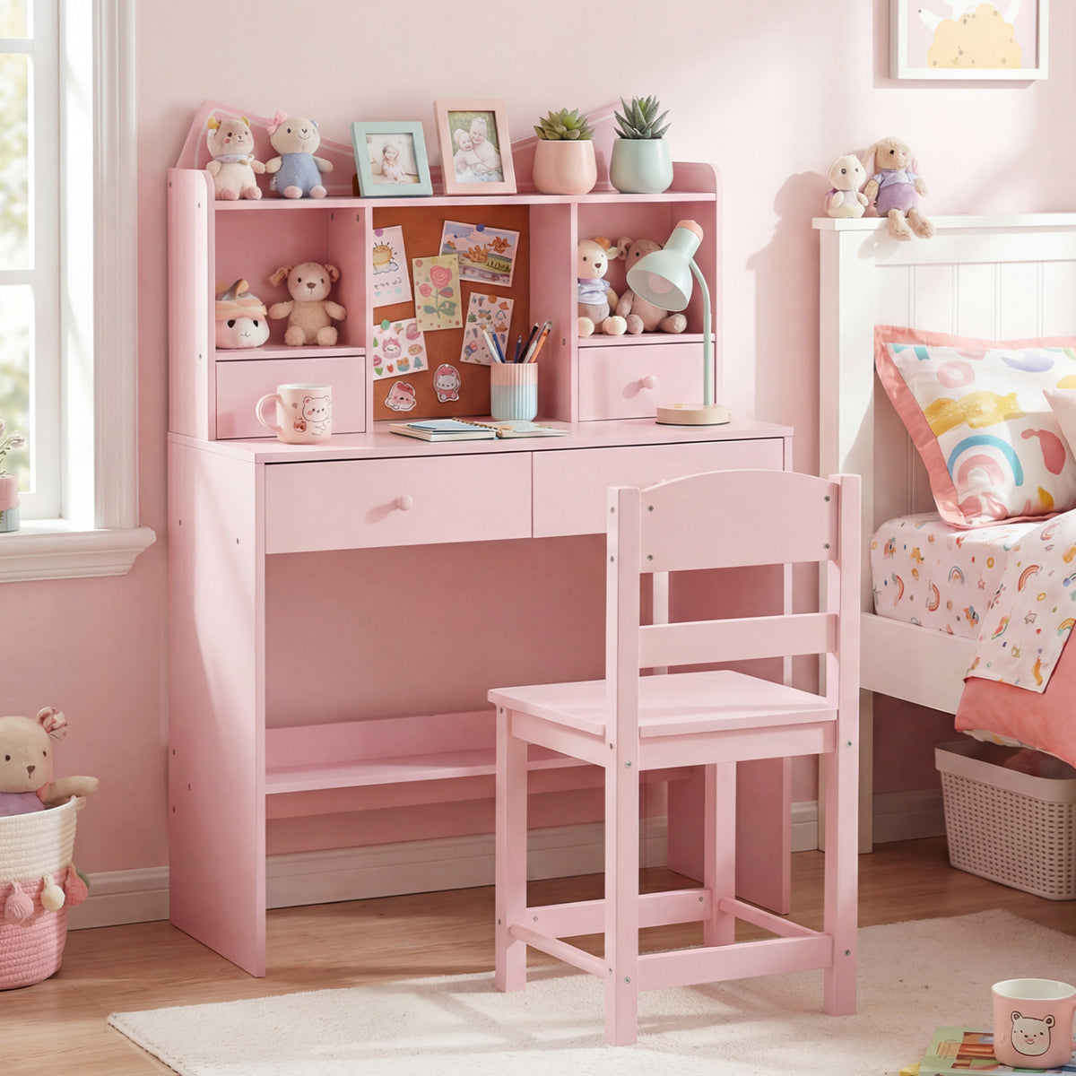 Kids Study Desk And Chair Set, With Open Shelves And Cork Board, Pink Kids Table & Chair Sets at Gallery Canada