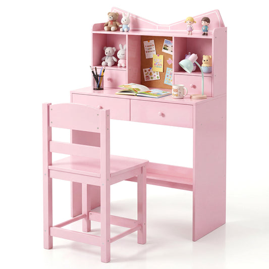 Kids Study Desk And Chair Set, With Open Shelves And Cork Board, Pink Kids Table & Chair Sets Pink at Gallery Canada