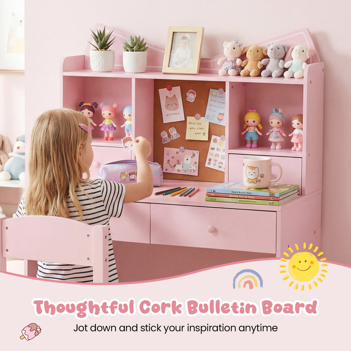 Kids Study Desk And Chair Set, With Open Shelves And Cork Board, Pink Kids Table & Chair Sets at Gallery Canada