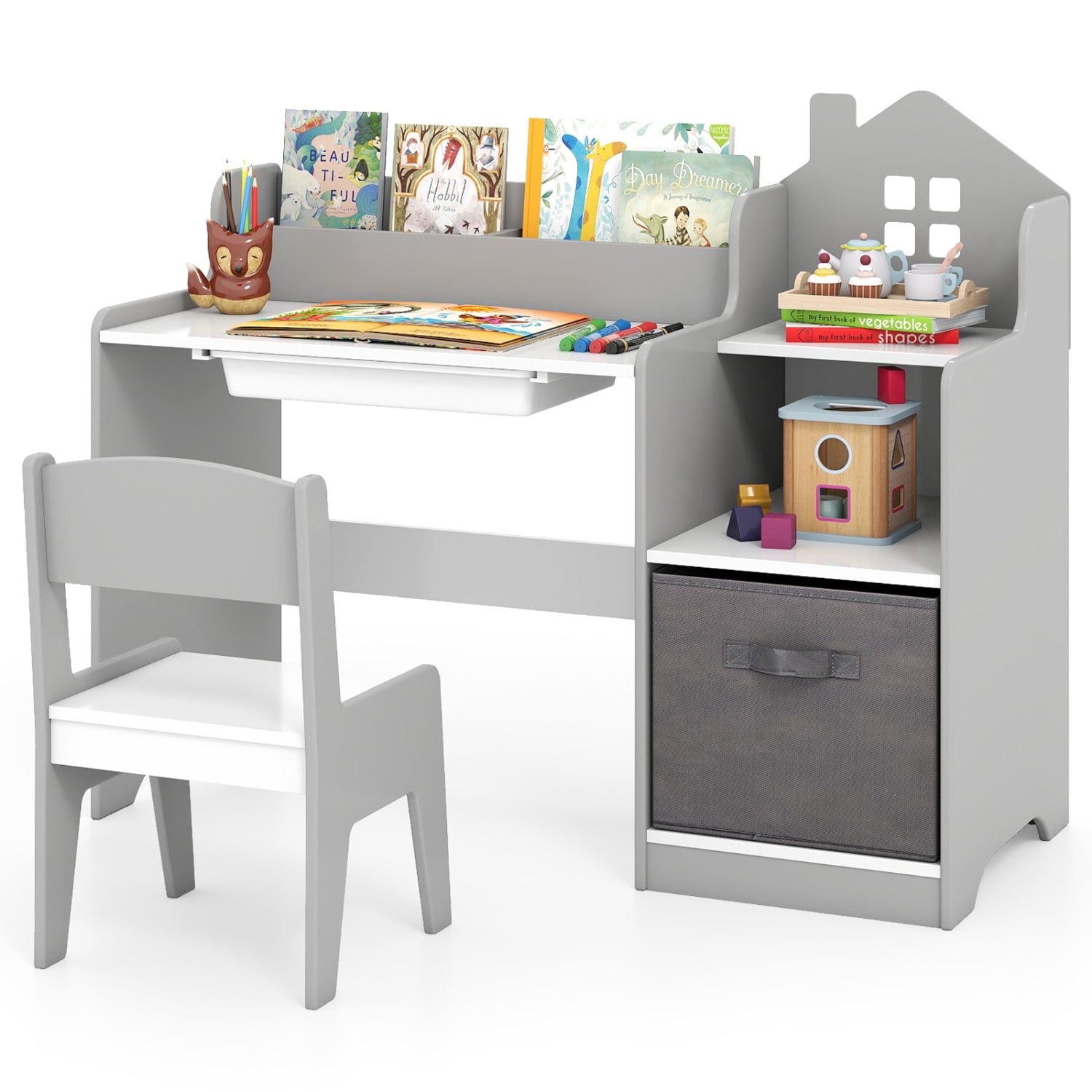 Kids Study Desk Chair Set With Open Shelves, Gray Kids Table & Chair Sets at Gallery Canada
