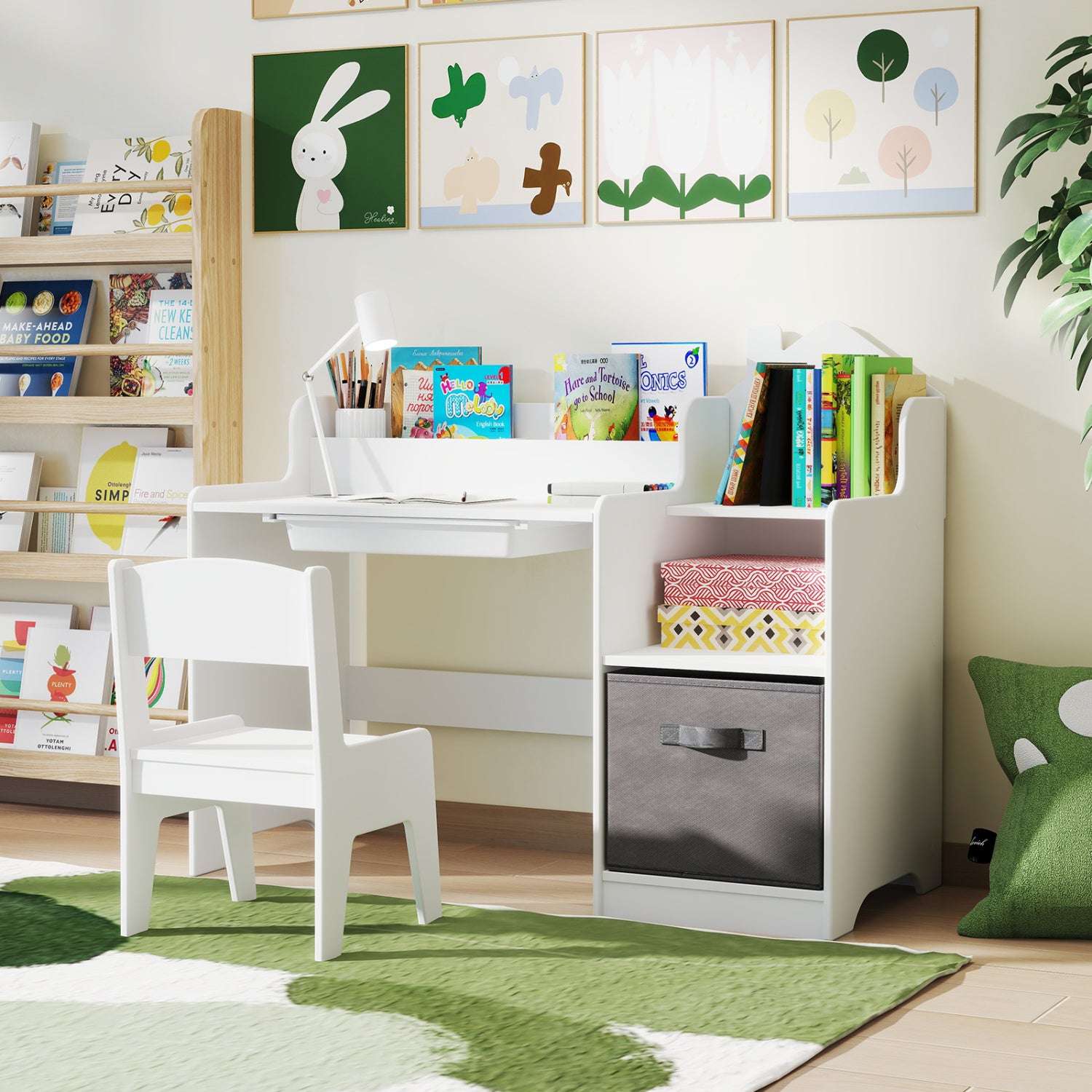 Kids Study Desk And Chair Set With Shelves Drawer Storage Bin, White Kids Table & Chair Sets at Gallery Canada