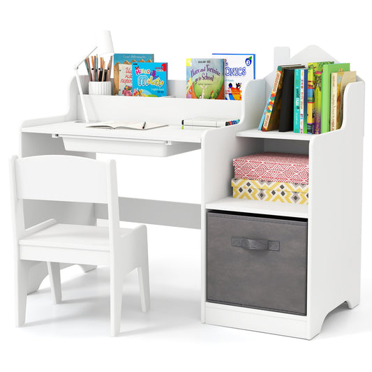 Kids Study Desk And Chair Set With Shelves Drawer Storage Bin, White Kids Table & Chair Sets White at Gallery Canada
