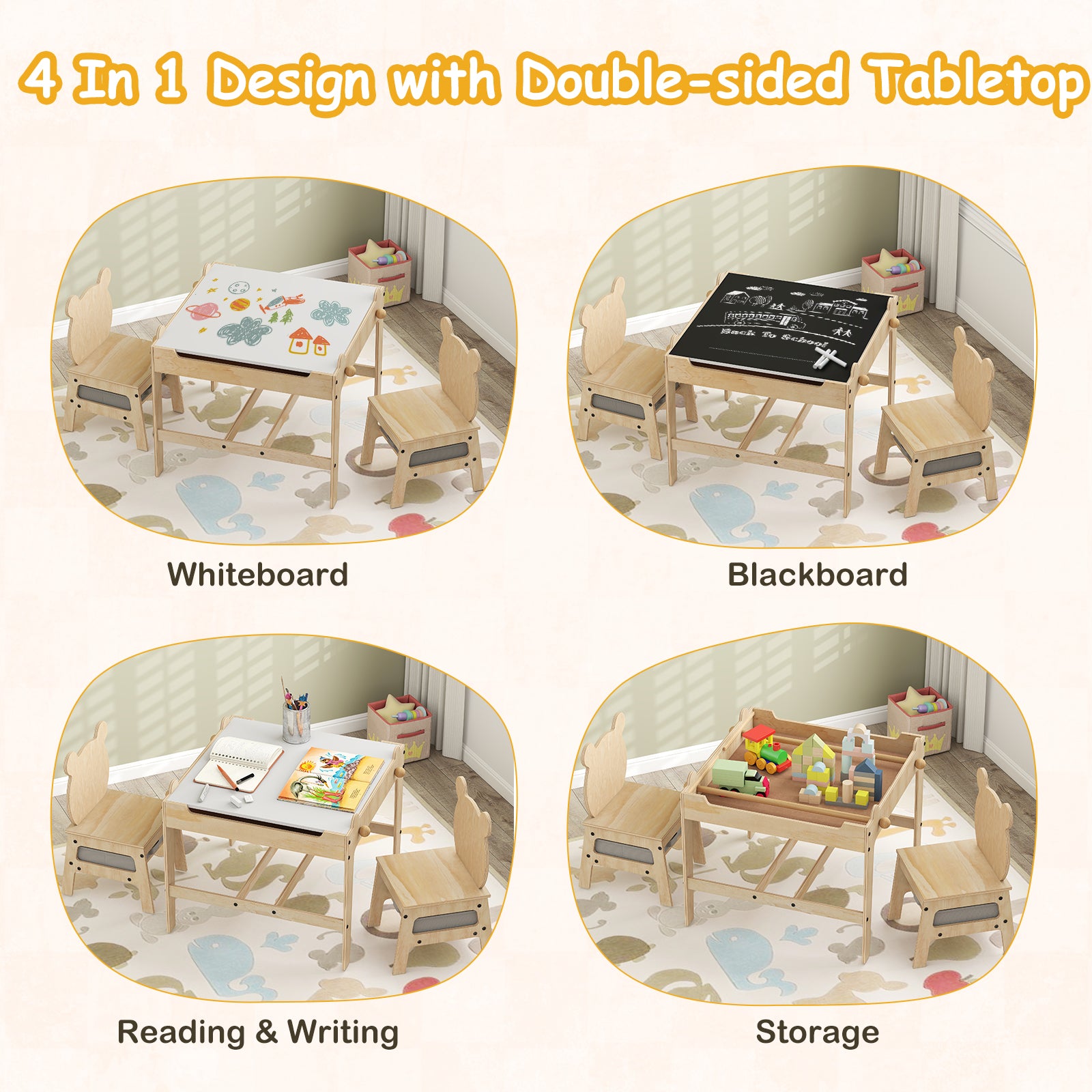 Kids Table And Chairs Set, Reversible Whiteboard, Panda-Shaped Kids Table & Chair Sets at Gallery Canada