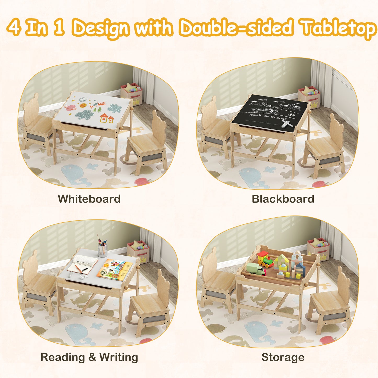 Kids Table And Chairs Set, Reversible Whiteboard, Panda-Shaped Kids Table & Chair Sets at Gallery Canada