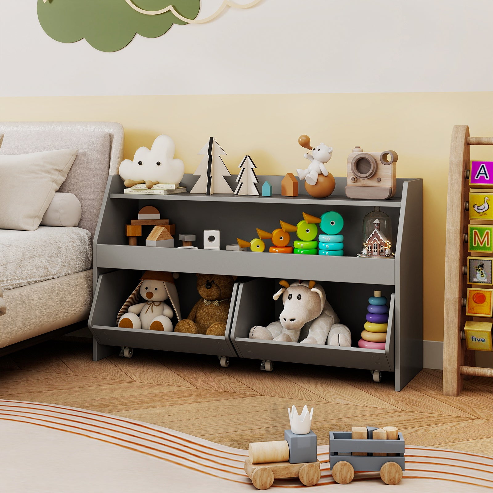 Kids Toy Storage Organizer Wooden Bookcase with 2 Movable Drawers, Gray Kids Storage at Gallery Canada