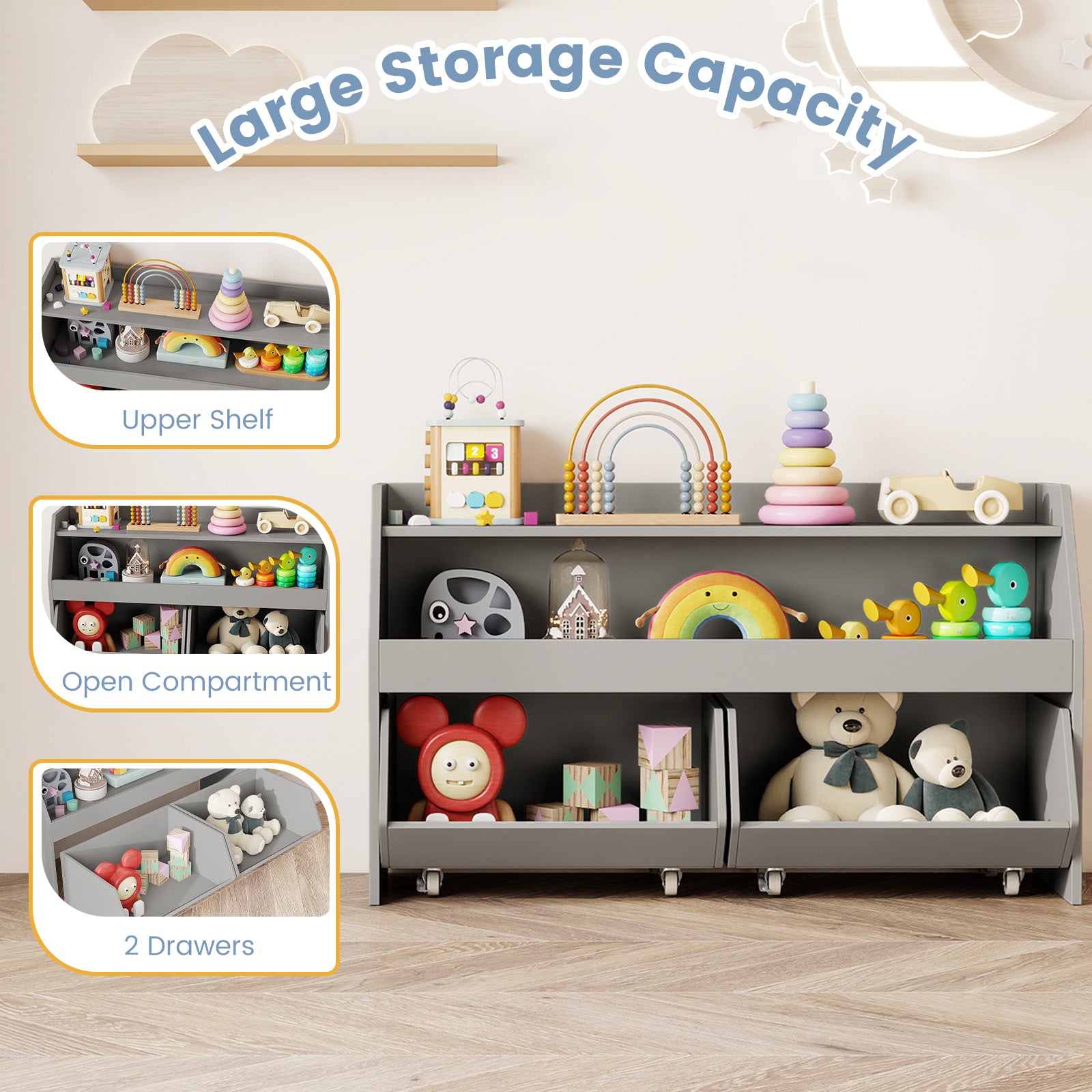 Kids Toy Storage Organizer Wooden Bookcase with 2 Movable Drawers, Gray Kids Storage at Gallery Canada