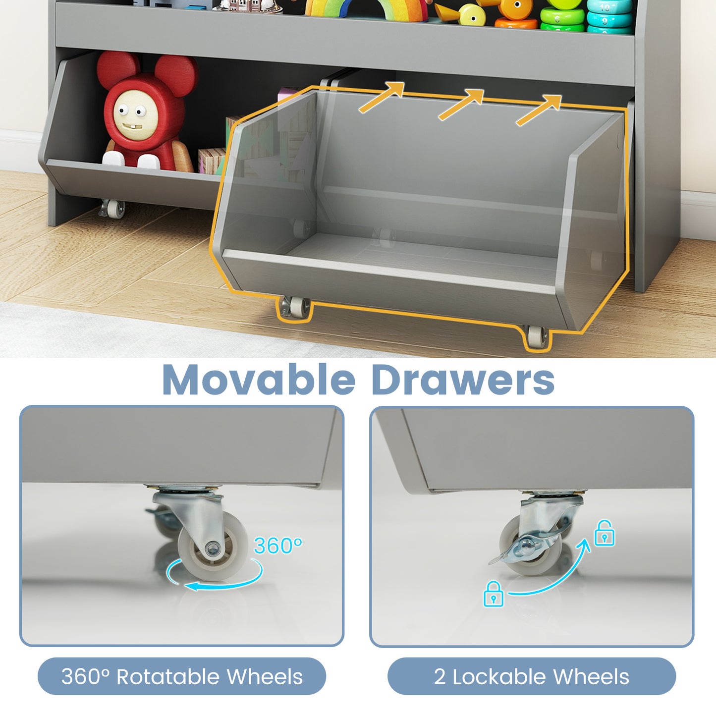 Kids Toy Storage Organizer Wooden Bookcase with 2 Movable Drawers, Gray Kids Storage at Gallery Canada