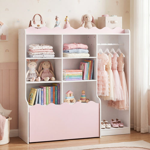 Kids Toy Storage Organizer, Dress Up Closet Wardrobe With Clothing Rack, Pink