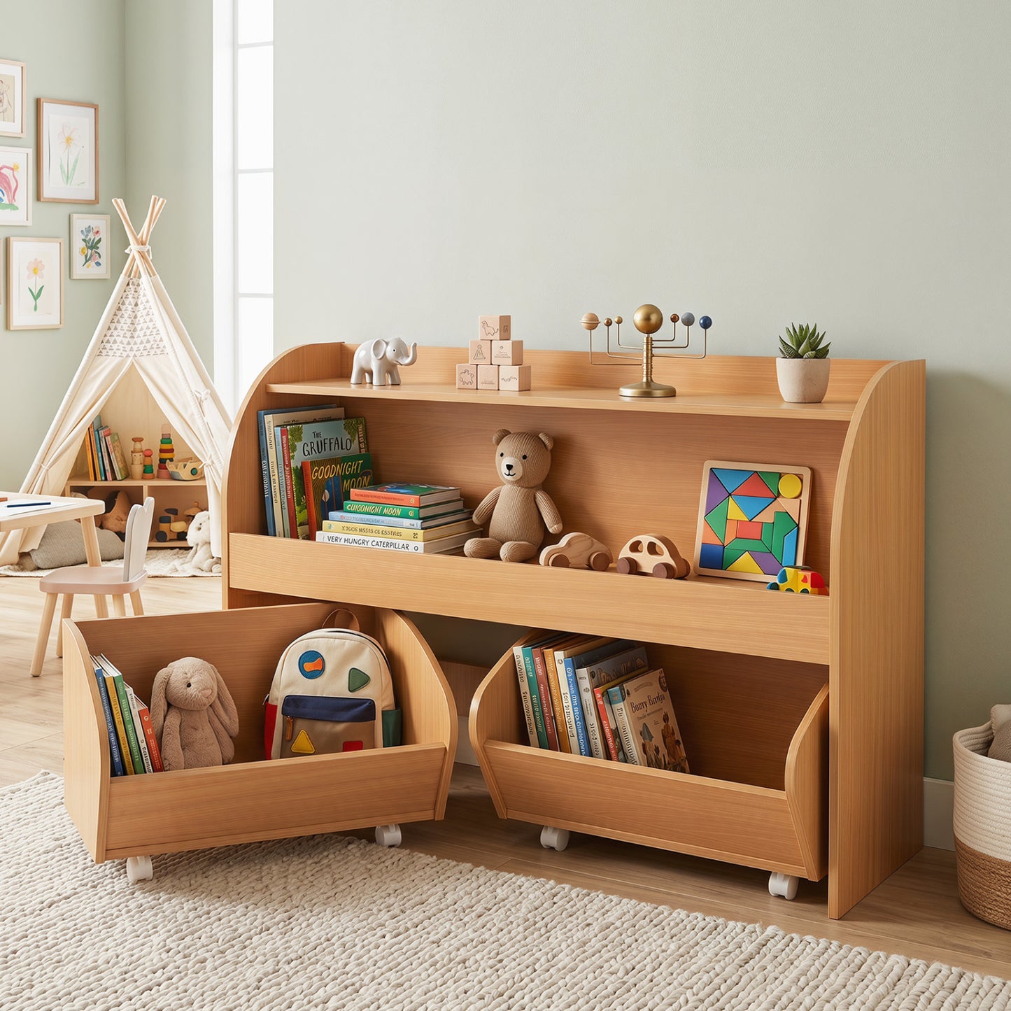 Kids Toy Storage Organizer, 2 Rolling Drawers, 3-Tier Bookshelf, Natural Kids Storage at Gallery Canada