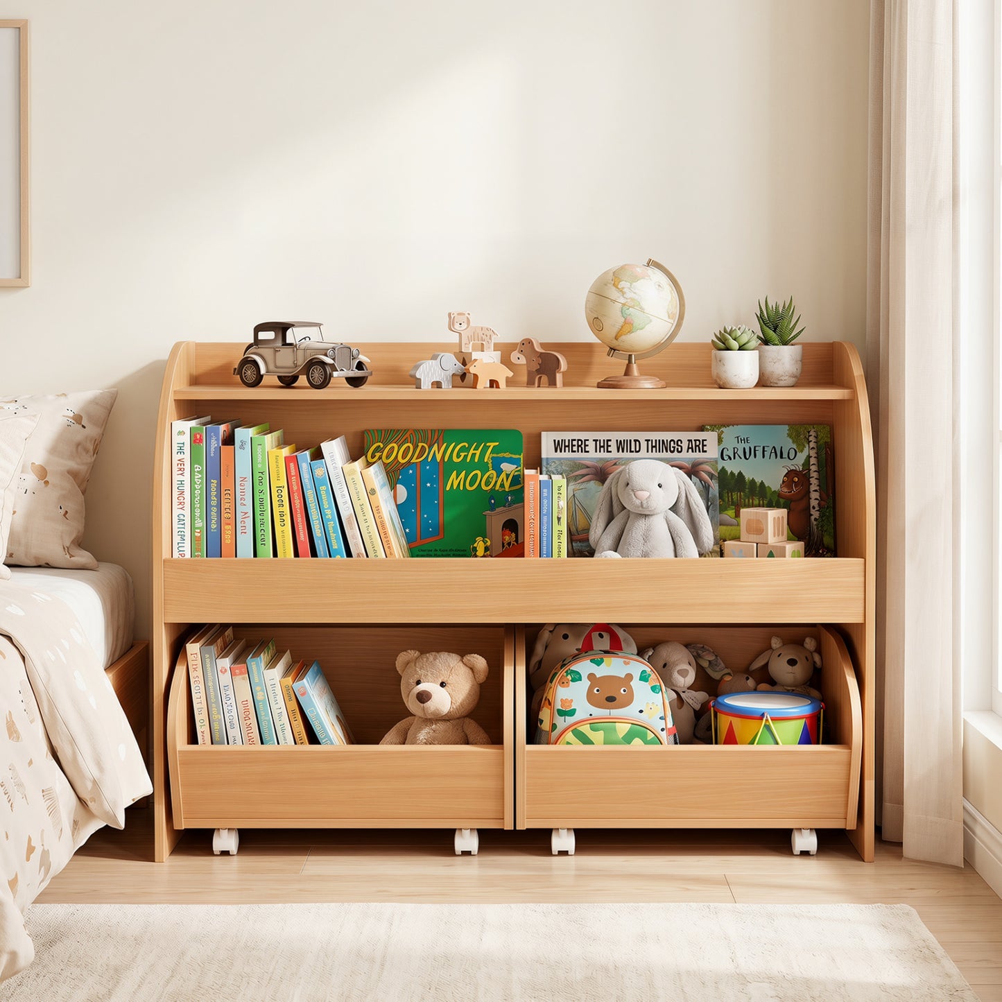 Kids Toy Storage Organizer, 2 Rolling Drawers, 3-Tier Bookshelf, Natural Kids Storage at Gallery Canada