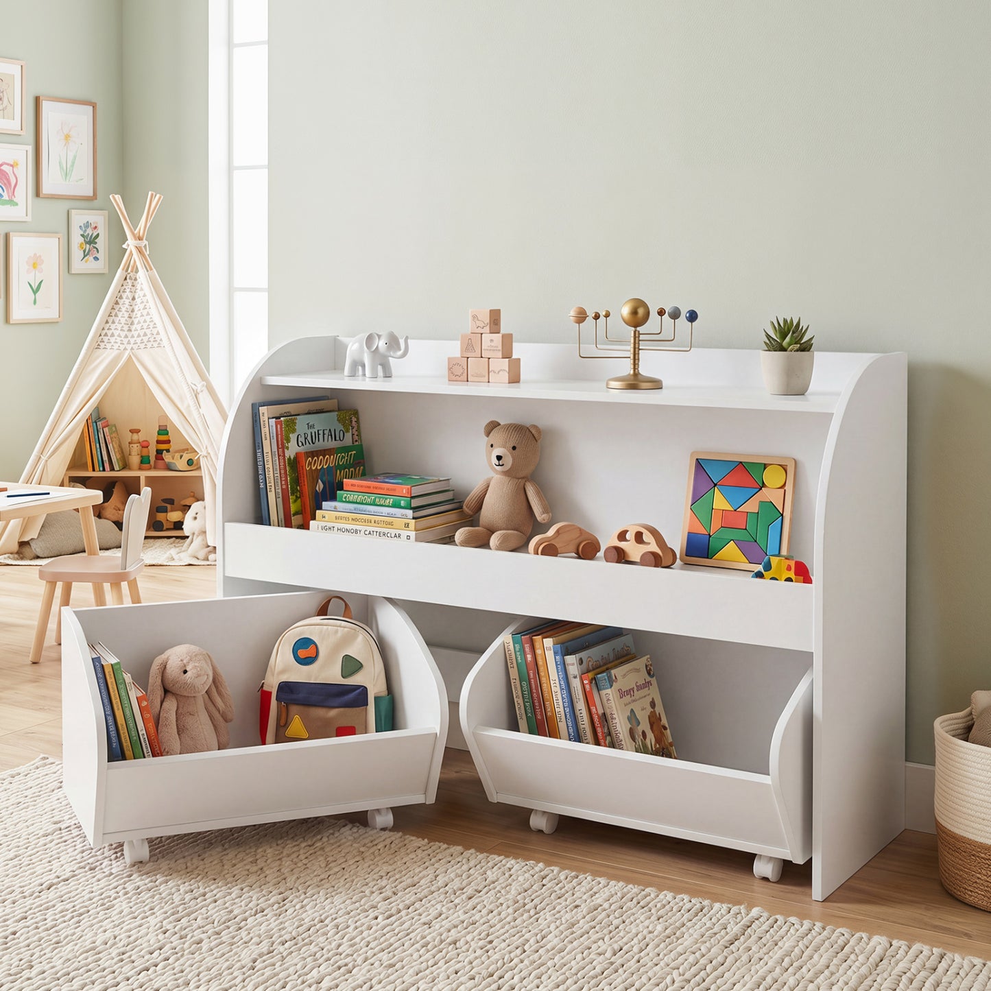 Kids Toy Storage Organizer, 2 Rolling Drawers, 3-Tier Bookshelf, White Kids Storage at Gallery Canada