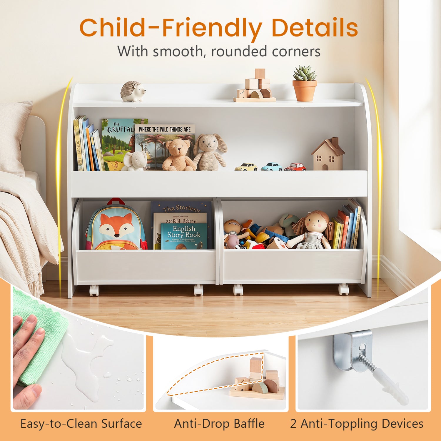 Kids Toy Storage Organizer, 2 Rolling Drawers, 3-Tier Bookshelf, White Kids Storage at Gallery Canada