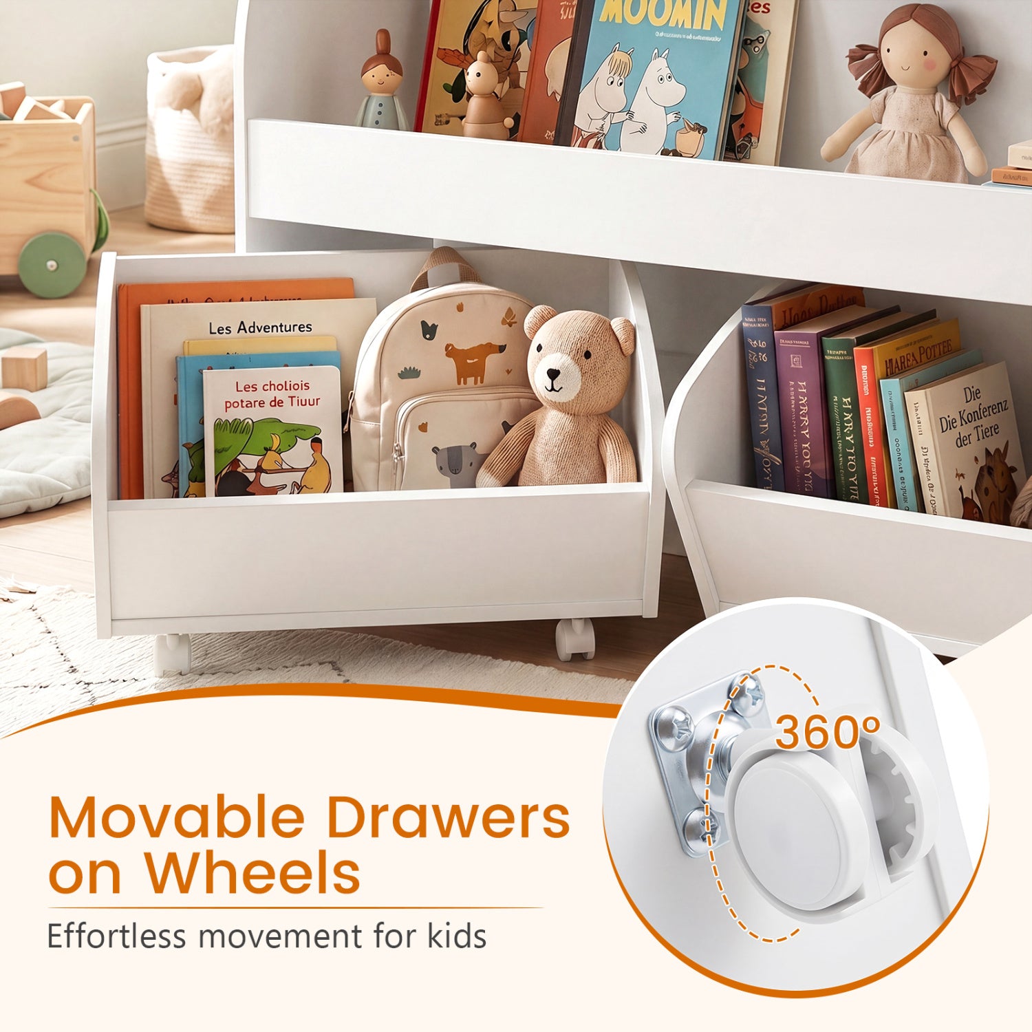 Kids Toy Storage Organizer, 2 Rolling Drawers, 3-Tier Bookshelf, White Kids Storage at Gallery Canada