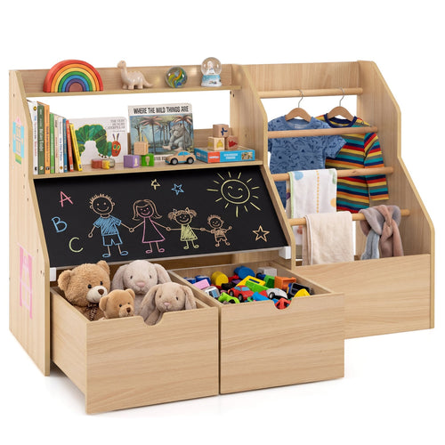 Kids Toy Storage Organizer with Flip-Up Blackboard, Natural