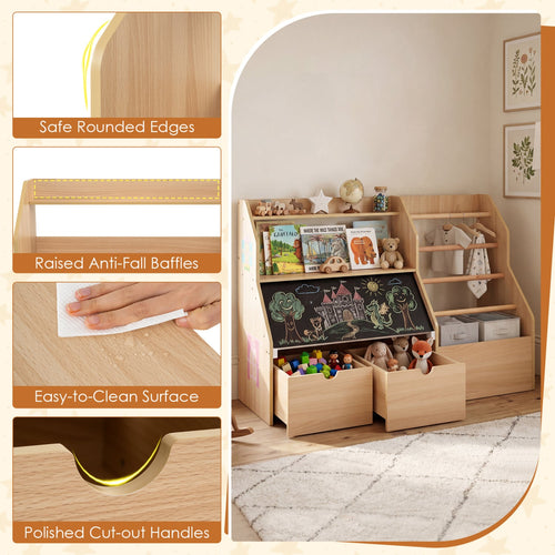 Kids Toy Storage Organizer with Flip-Up Blackboard, Natural