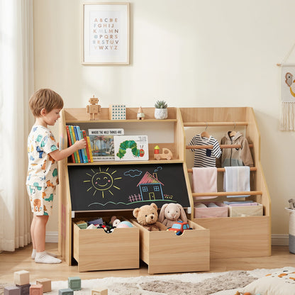 Organisateur de rangement pour jouets pour enfants avec tableau noir à rabat, naturel