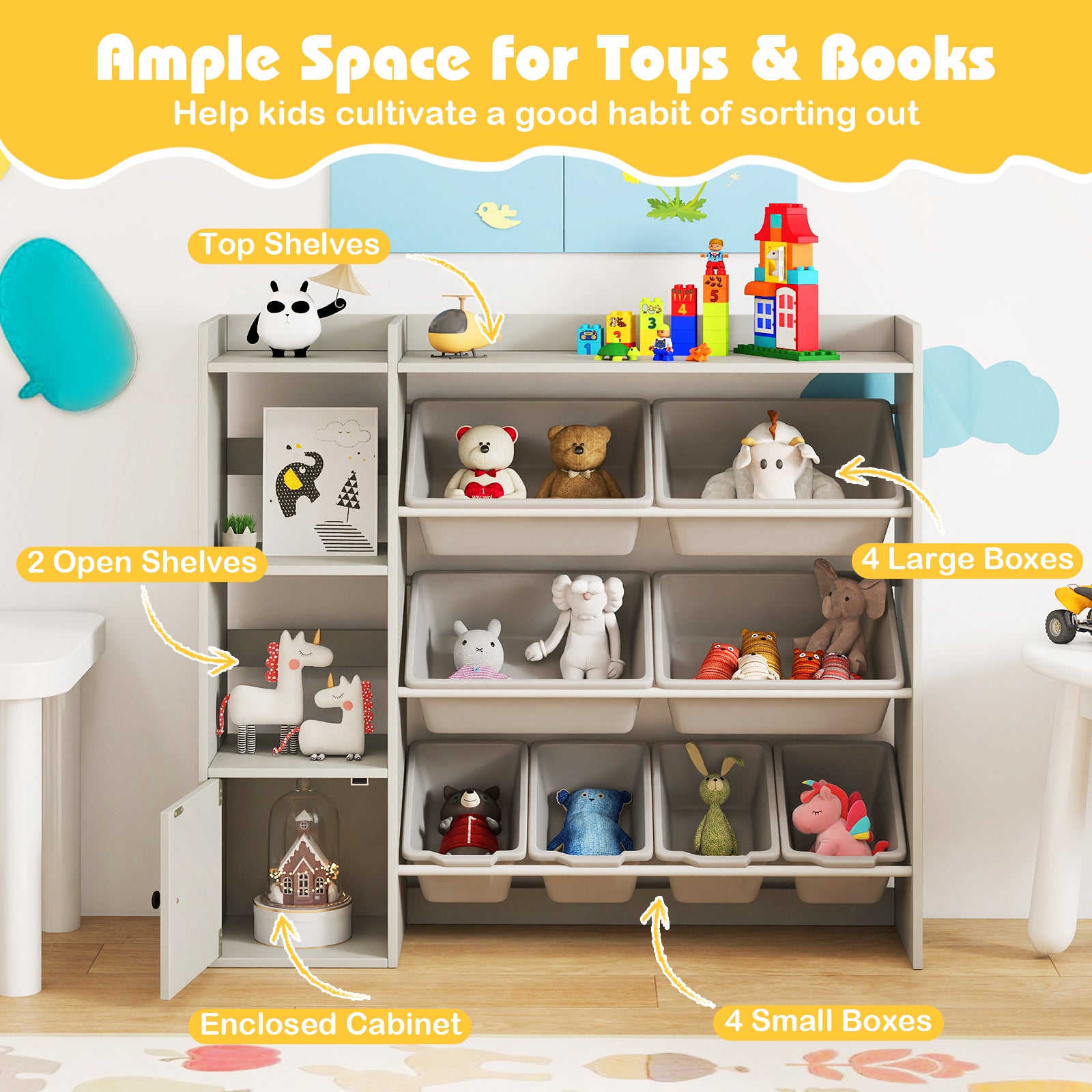 Kids Toy Storage Bookshelf, Open Shelves, Single-Door Cabinet, Gray Kids Storage at Gallery Canada