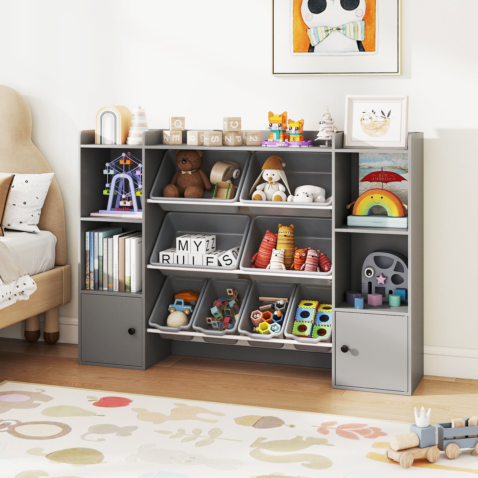 Kids Toy Storage and Bookshelf with Boxes and Open Shelves, Gray Kids Storage at Gallery Canada
