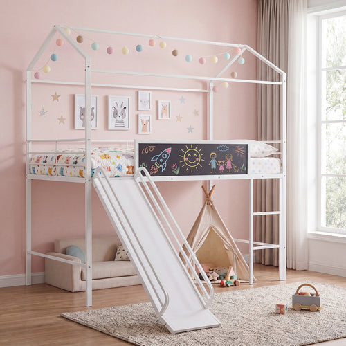 Kids Twin Size Loft Bed with Ladder and Slide, White