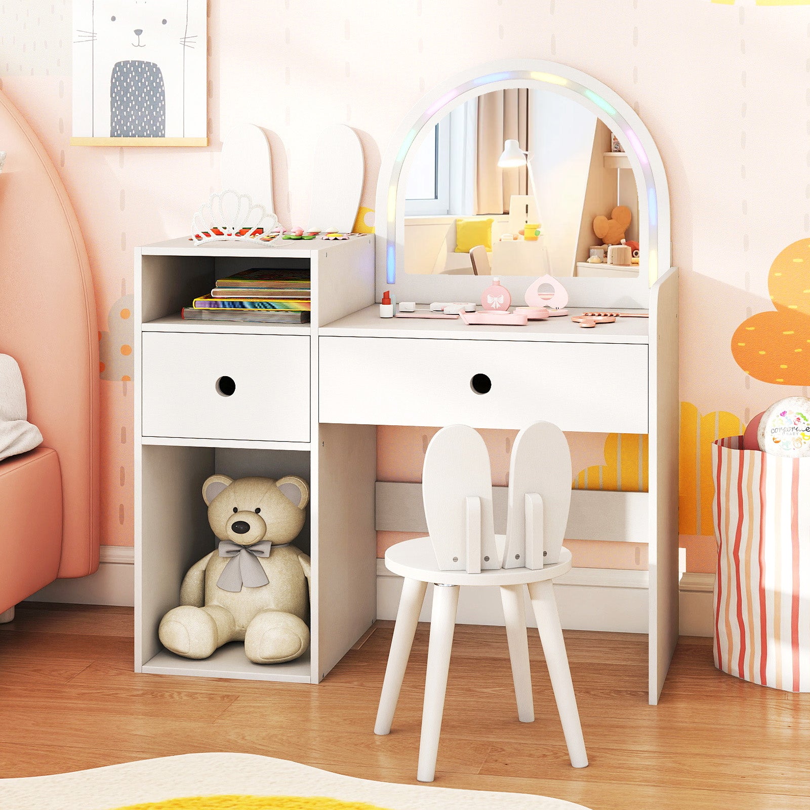 Kids Vanity Desk And Chair Set With Lights, Open Shelves, White Kids Vanities at Gallery Canada