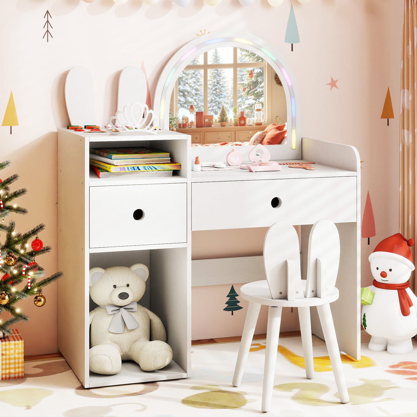 Kids Vanity Desk And Chair Set With Lights, Open Shelves, White Kids Vanities at Gallery Canada
