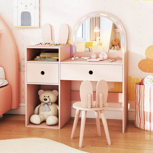 Kids Vanity Desk And Chair Set With Lights, Open Shelves, Pink