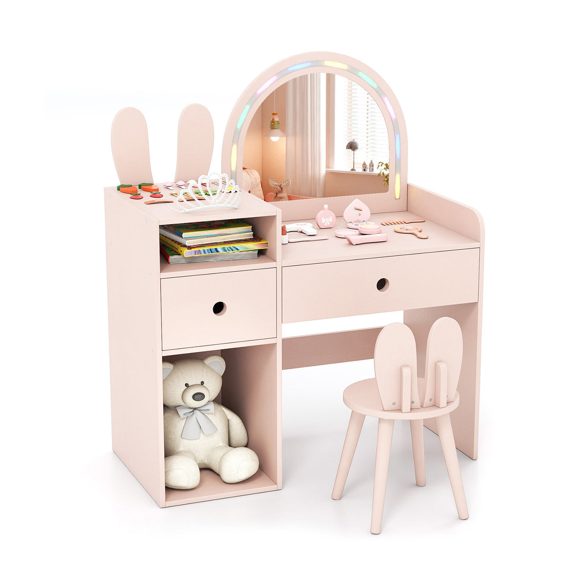 Kids Vanity Desk And Chair Set With Lights, Open Shelves, Pink Kids Vanities Pink at Gallery Canada