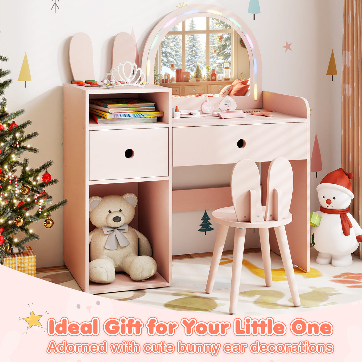 Kids Vanity Desk And Chair Set With Lights, Open Shelves, Pink Kids Vanities at Gallery Canada