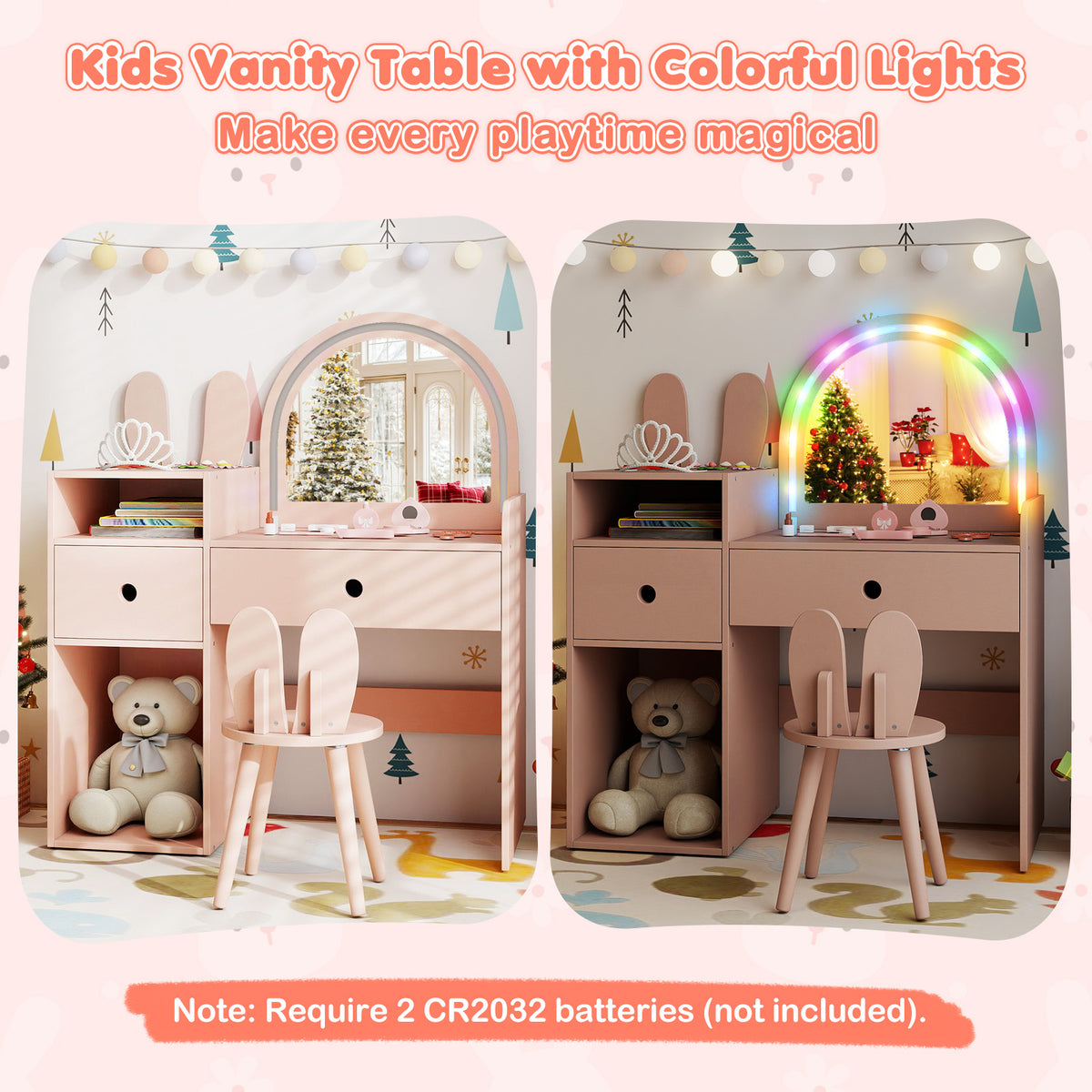 Kids Vanity Desk And Chair Set With Lights, Open Shelves, Pink Kids Vanities at Gallery Canada
