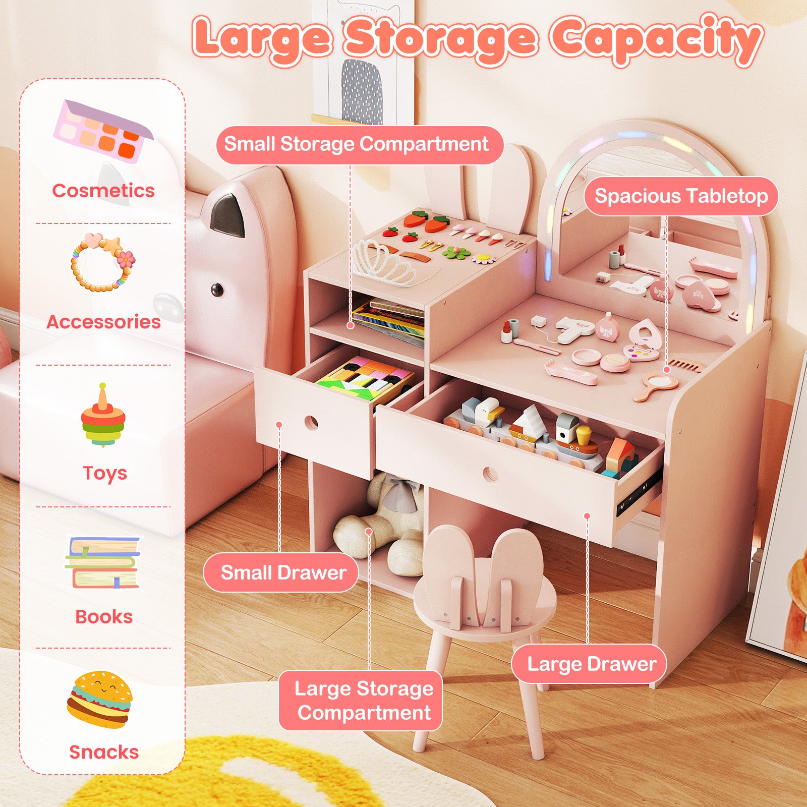 Kids Vanity Desk And Chair Set With Lights, Open Shelves, Pink Kids Vanities at Gallery Canada