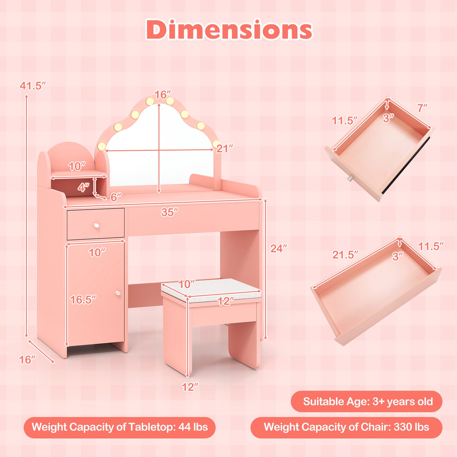 Kids Vanity Desk With Mirror And Lights, Pink Kids Vanities at Gallery Canada